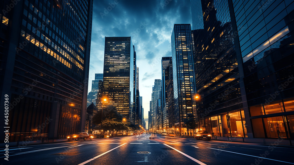 Reflective skyscrapers, business office buildings. low angle view of skyscrapers in city, sunny day. Business wallpaper with modern high-rises with mirrored windows. Generative AI