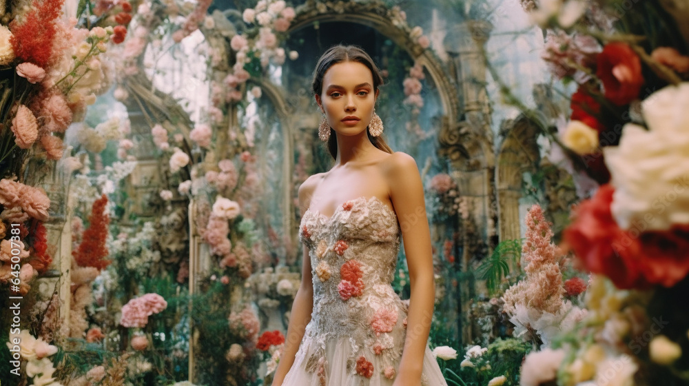 Beautiful bridal fashion photography with model in a garden of flowers. Made with Generative AI