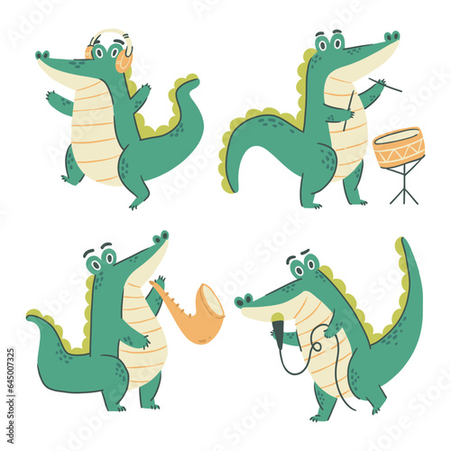 Crocodile cartoon characters . Musical concept . Hand drawn style . White isolate background . Vector .
