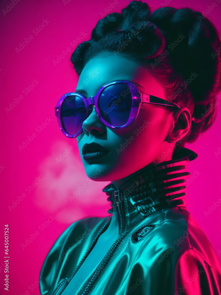 High fashion studio portrait of a young woman with sunglasses, beautiful makeup, bright neon colors, cyberpunk aesthetic High fashion studio portrait of a young woman with sunglasses, beautiful makeup, bright neon colors, cyberpunk aesthetic