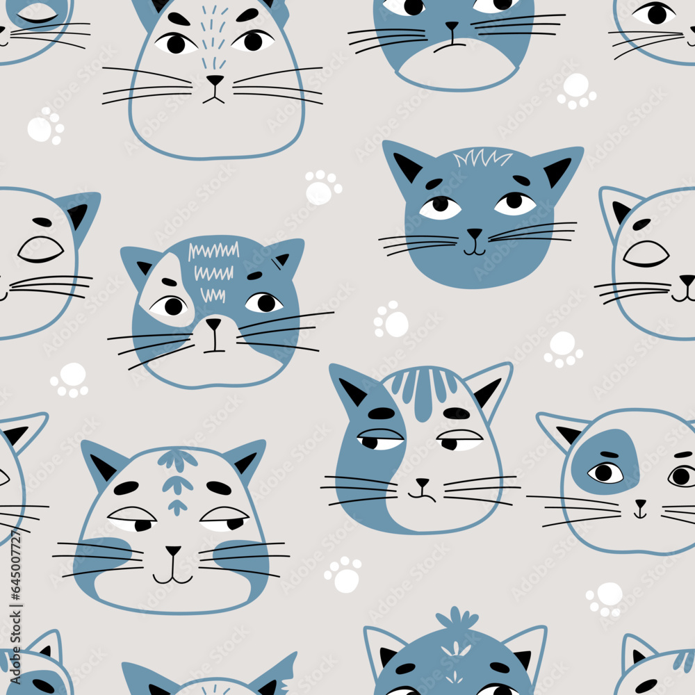 Vector seamless children's pattern with cat faces on a blue background. Suitable for baby prints, baby room decor, wallpapers, wrapping paper, stationery, scrapbooking, etc.