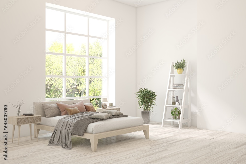 Fototapeta premium White bedroom concept. Scandinavian interior design. 3D illustration