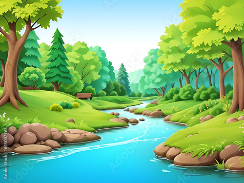 Nature scene with stream flowing through the forest, vector illustration photo