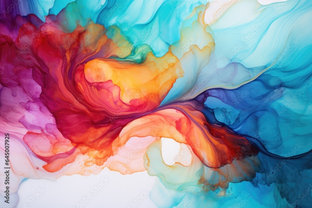 A vibrant abstract painting with swirling multicolored smoke