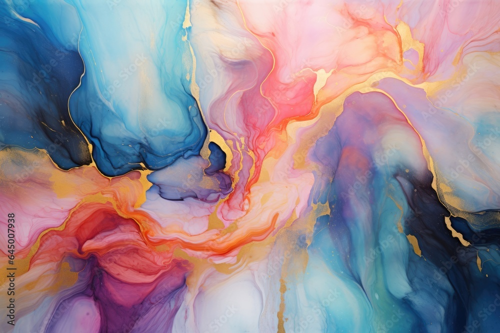 An abstract painting with vibrant blue, pink, and yellow colors