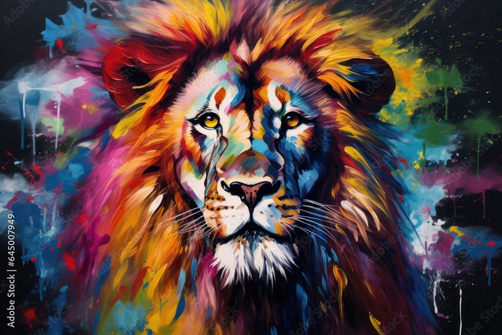 A majestic lion painted on a dark canvas