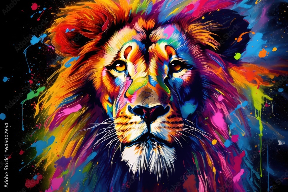 A vibrant lion against a striking black backdrop