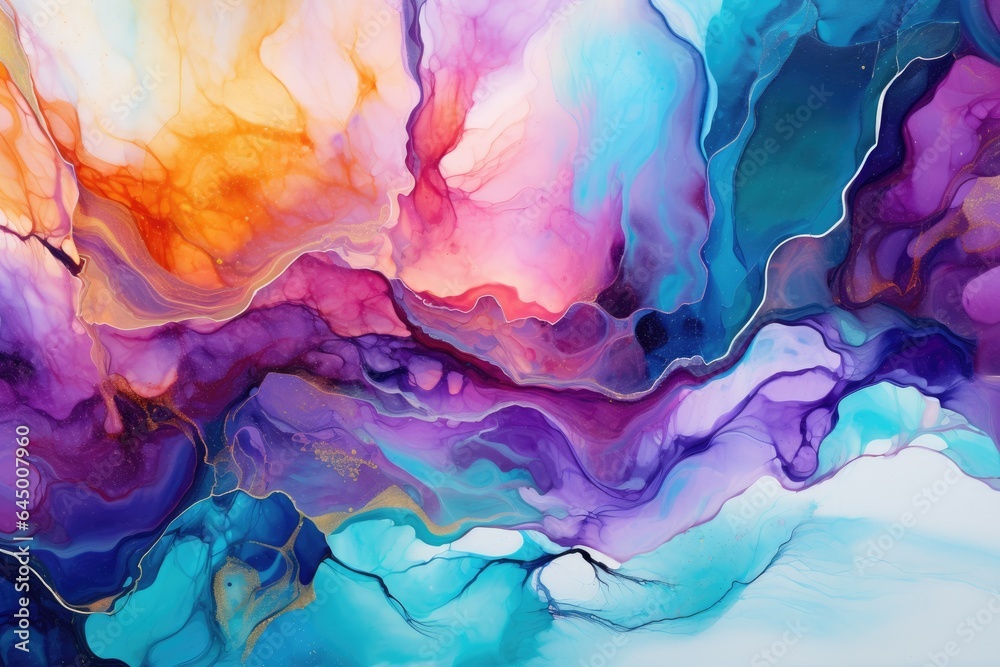 An abstract painting with vibrant blue, purple, and orange colors