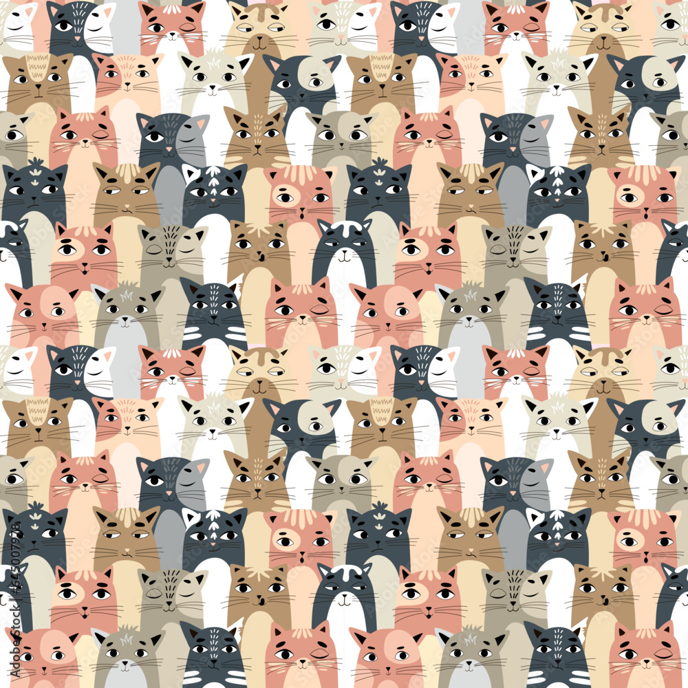 Vector seamless children's pattern with colorful, cute cats. Suitable for baby prints, baby room decor, wallpapers, wrapping paper, stationery, scrapbooking, etc.