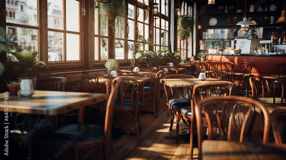 Cozy cafe bistro with blurred background and wooden montage. Generative AI