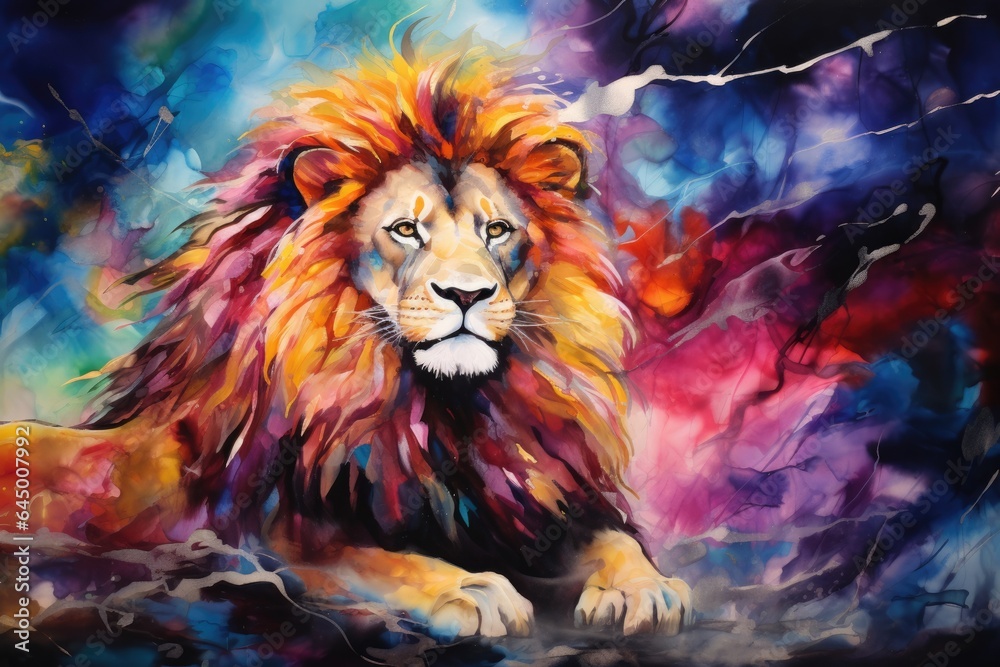 A vibrant lion painting on a colorful background