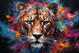 A vibrant and abstract painting featuring a leopard's face with colorful paint splatters