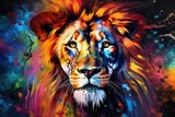 A majestic lion painted on a dark canvas