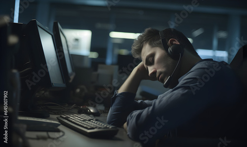 Call center employee agent has fallen asleep lying on his desk. Tired, exhausted call center or telemarketing operator with work burnout. photo