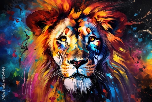 A majestic lion painted on a dark canvas