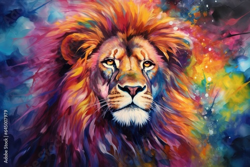 A vibrant lion painting on a colorful background