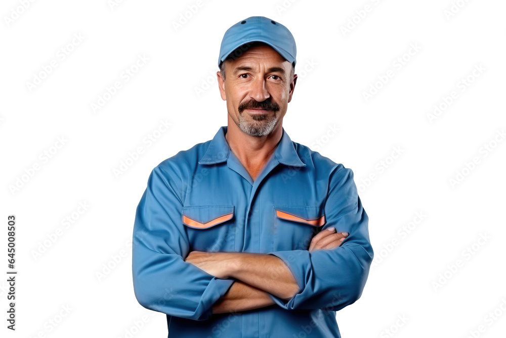skillful worker man labor technician with crossed arms in blue work clothes and cap, png isolated on white transparent background