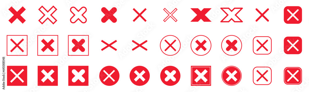 Red cross icon. Red x sign set. No symbol sign, wrong sign vector button. X cross shape for checkbox or box isolated white background. eps 10 vector Red cross icon. Red x sign set. No symbol sign, wrong sign vector button. X cross shape for checkbox or box isolated white background. eps 10 vector