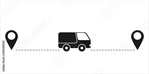 Delivery truck with location pin isolated on white background. silhouette of a car driving on the dashed track. Vector illustration.
