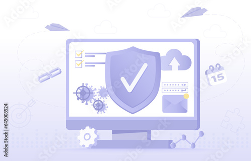 Data protection concept. Safety and security technology, password protection, firewall, sensitive data, antivirus system, access to account, backup. Flat vector design illustration.