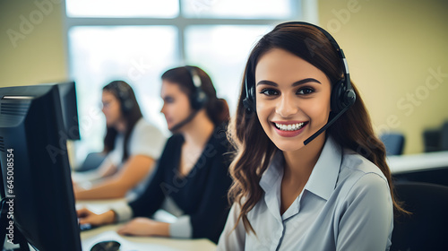Happy office workers in telemarketing or call center office. Female operator with headphones and microphone smiling, looking into the camera.  photo