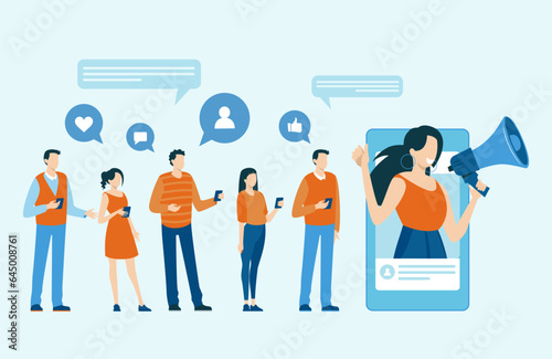 group of people using mobile gadgets communicating being attracted by social media influencer