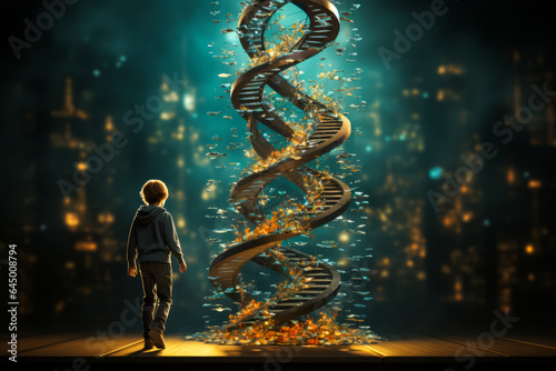 Emotional depiction of a young boy climbing a DNA structure like stairs, symbolizing genetic heritage research, paternity testing and genealogy in orphanhood.
