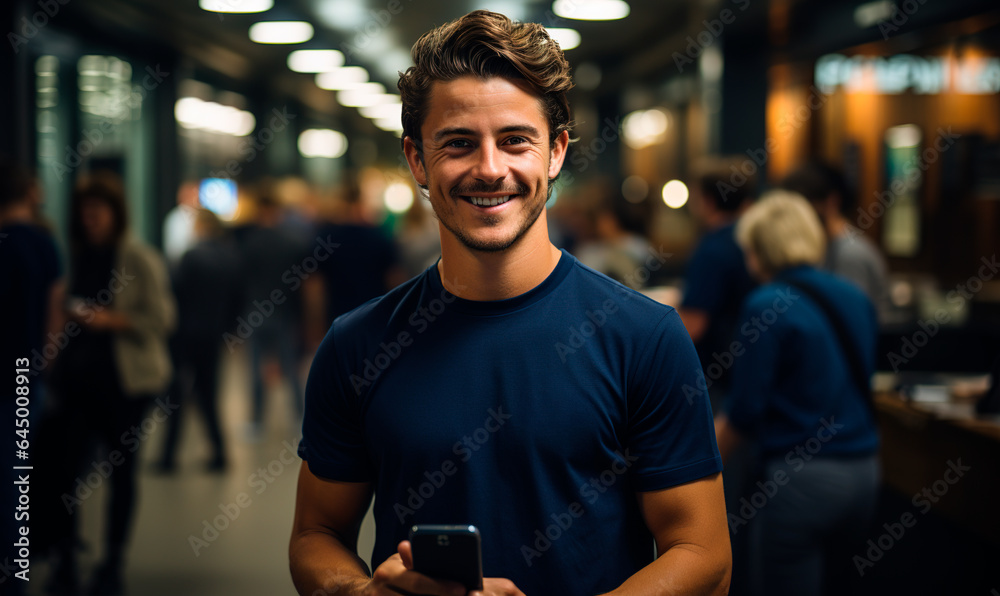 salesperson with cell phone, in blue t-shirt, smiling, in a coffee shop, digital nomad concept, marketing, ecommerce. - obrazy, fototapety, plakaty 