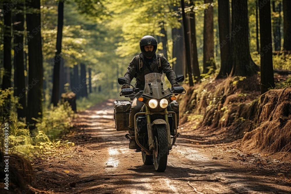 On the wooded road, a man is seated on a motorbike..