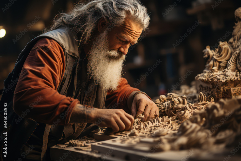 Artisan Craftsmanship. Craftsman working on a woodworking project, showcasing the dedication to handcrafted creations. Generative AI.