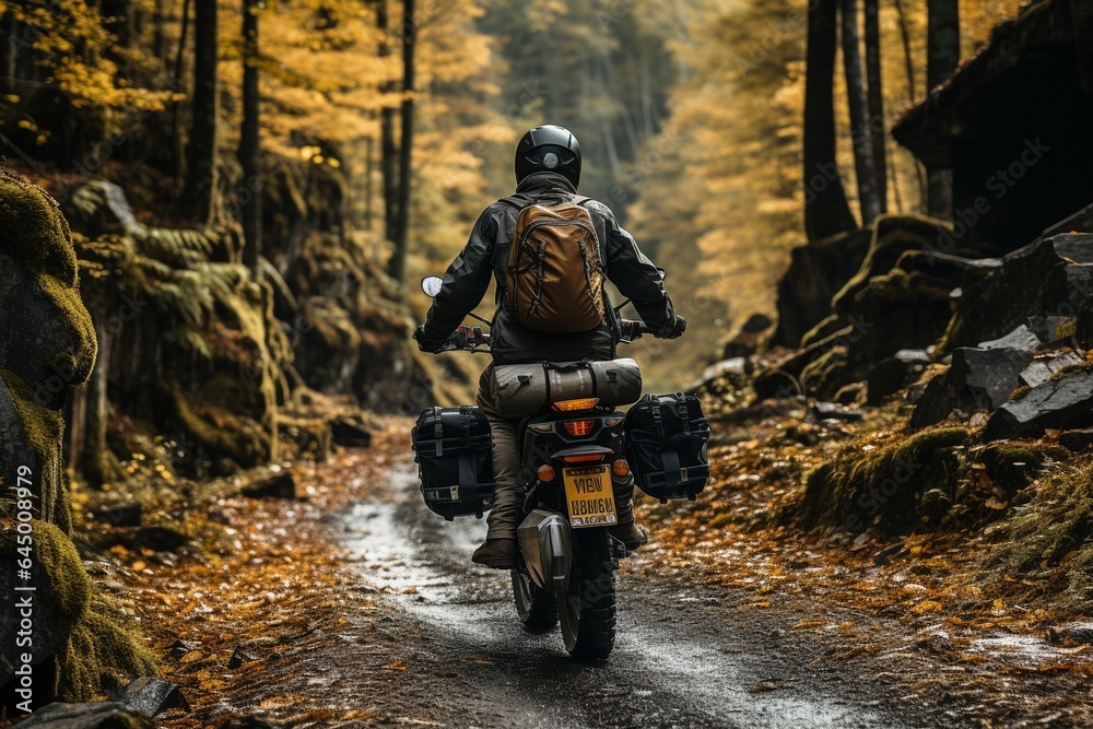 On the wooded road, a man is seated on a motorbike..