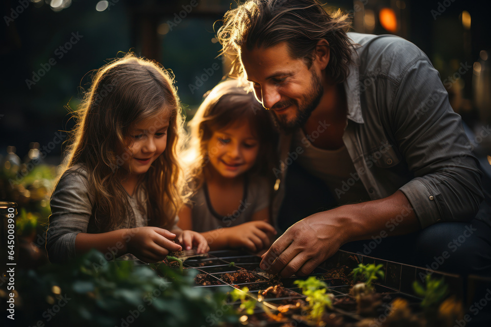 Homestead Living. Family planting vegetables in a backyard garden, symbolizing self-sufficiency and a connection to nature. Generative AI. Homestead Living. Family planting vegetables in a backyard garden, symbolizing self-sufficiency and a connection to nature. Generative AI.