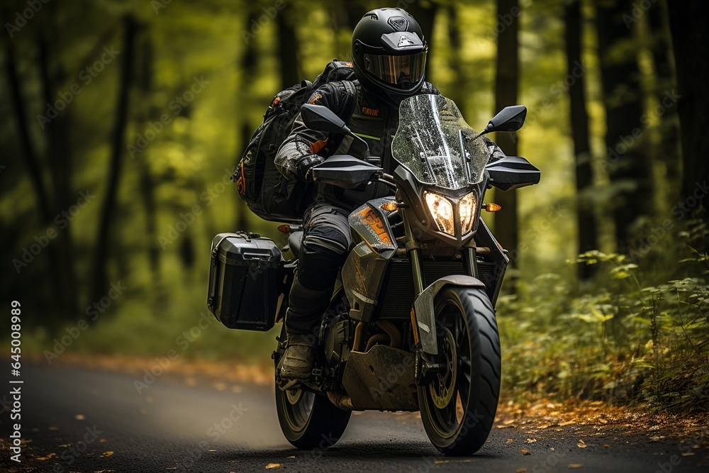 Fototapeta premium On the wooded road, a man is seated on a motorbike..