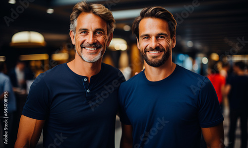 two adult men in casual clothes, talking, smiling in a bar, business meeting or friends concept