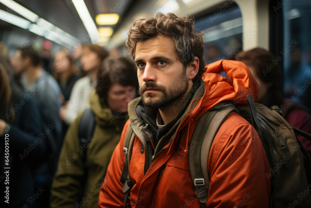 Commuters in Transit. People commuting on a busy train, symbolizing the interwoven lives and routines of urban commuters. Generative AI. Commuters in Transit. People commuting on a busy train, symbolizing the interwoven lives and routines of urban commuters. Generative AI.