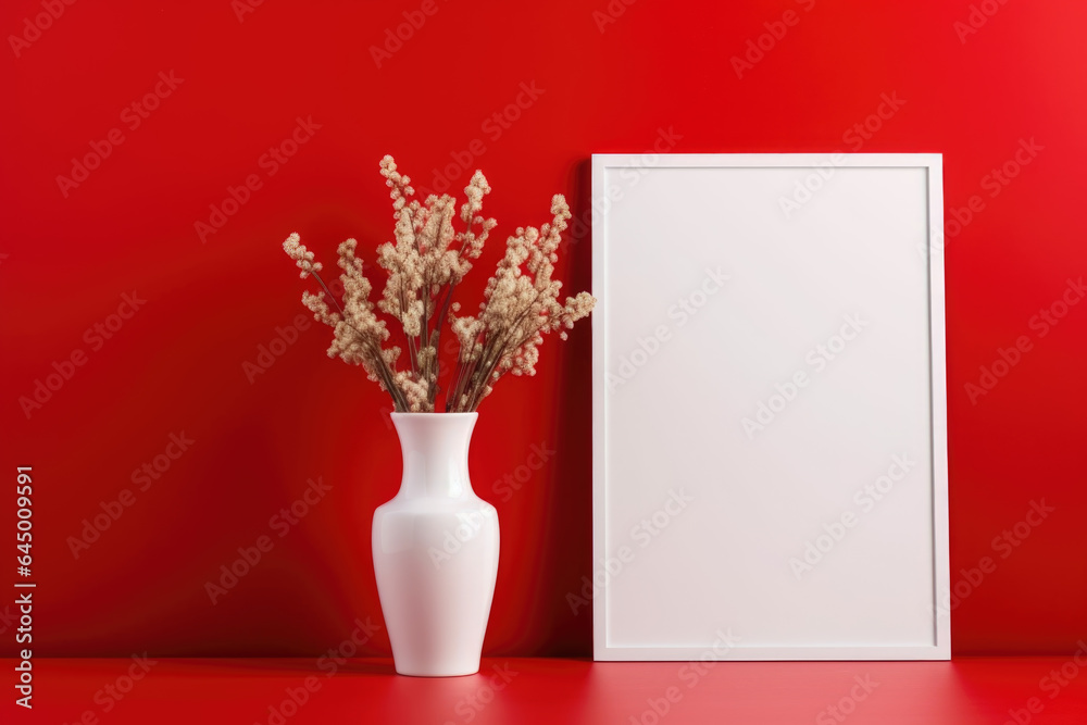 A small vertical layout in a white frame near a red wall with a red vase with a plant A small vertical layout in a white frame near a red wall with a red vase with a plant