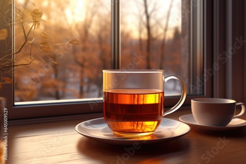 A glass cup of tea stands near the window