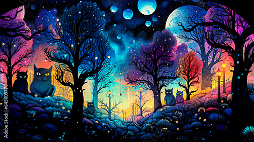 Halloween background with trees, bats and full moon. Fairytale illustration. selective focus. 
