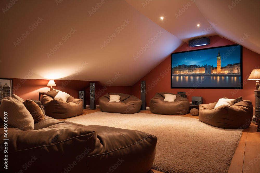 Cozy attic converted into a home cinema, plush bean bags and classic film posters on the wall - obrazy, fototapety, plakaty 