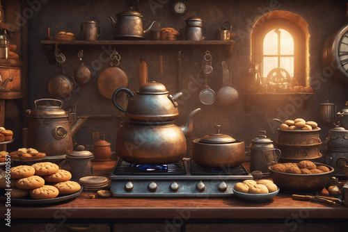 Digital illustration of a traditional kitchen, Kettle steaming on a rustic stovetop