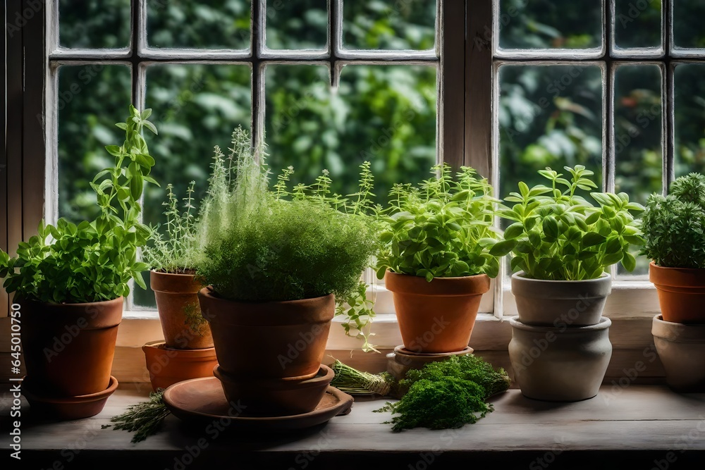 A simple background into an image of a kitchen window sill adorned with fresh herbs in pots.