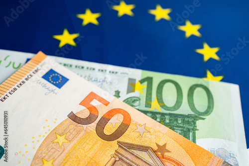 Euro banknotes on flag, Business and finance concept.