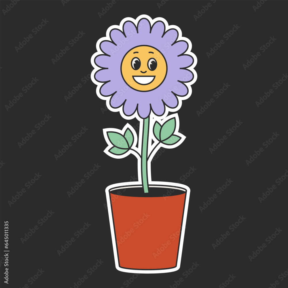 Retro groovy hippie flower in 1970 style. Cartoon flower in a pot on a black background. Vector illustration. Retro groovy hippie flower in 1970 style. Cartoon flower in a pot on a black background. Vector illustration.