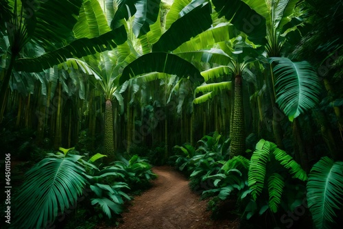 A artistic representation of a tropical paradise with banana trees and giant ferns.