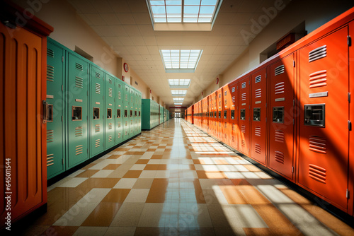 rows of a the metal lockers along the school hall on sunny day