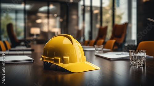 Yellow safety helmet of the construction worker team on a table.