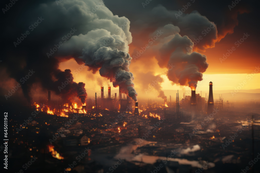 Environmental Pollution. Smokestacks emitting pollutants into the air, depicting the negative impact of industrial pollution on the environment. Generative AI.
