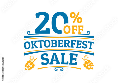 Oktoberfest sale icon, logo or label. 20% price off sign. Beer festival promotion emblem, banner or poster design element. Vector illustration.