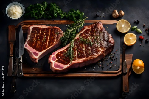 A scene of a T-bone steak cooked to a perfect medium-rare.