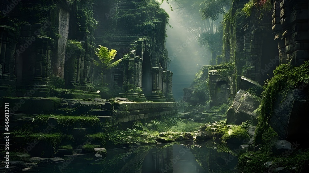 Ruins Of A City Of An Ancient Civilization In A Tropical Forest. Illustration On The Theme Of Travel And Adventure, Civilizations And Territories. Generative AI	
